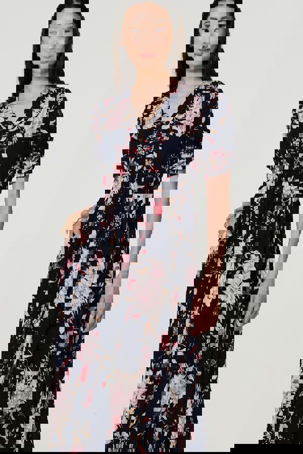 Navy | Floral 3/4 Sleeve A-Line Maxi Dress