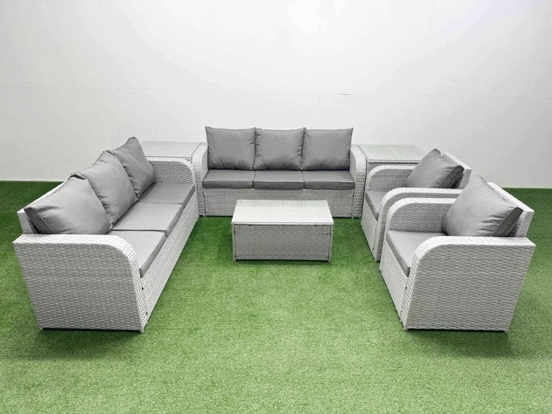 Fimous PE Rattan High Back Lounge Sofa Set Patio Coffee Table & Chairs Set with 3 Seater Sofa Reclining Chair 2 Side Table Light Grey