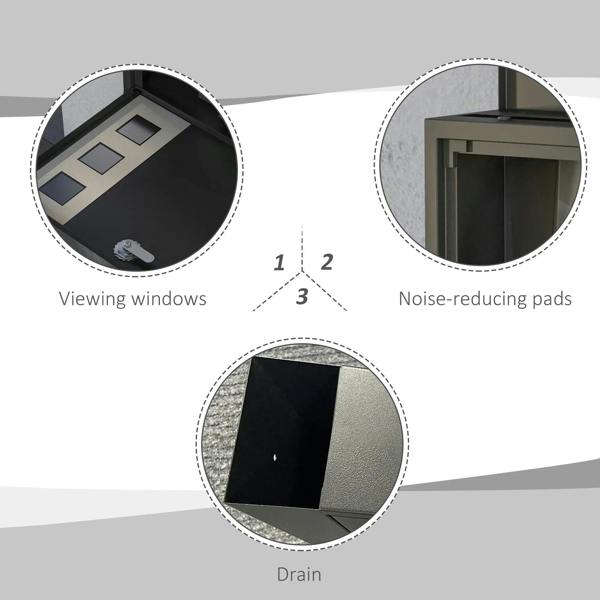 Wall mailbox showing viewing windows, noise-reducing pads, and drain opening