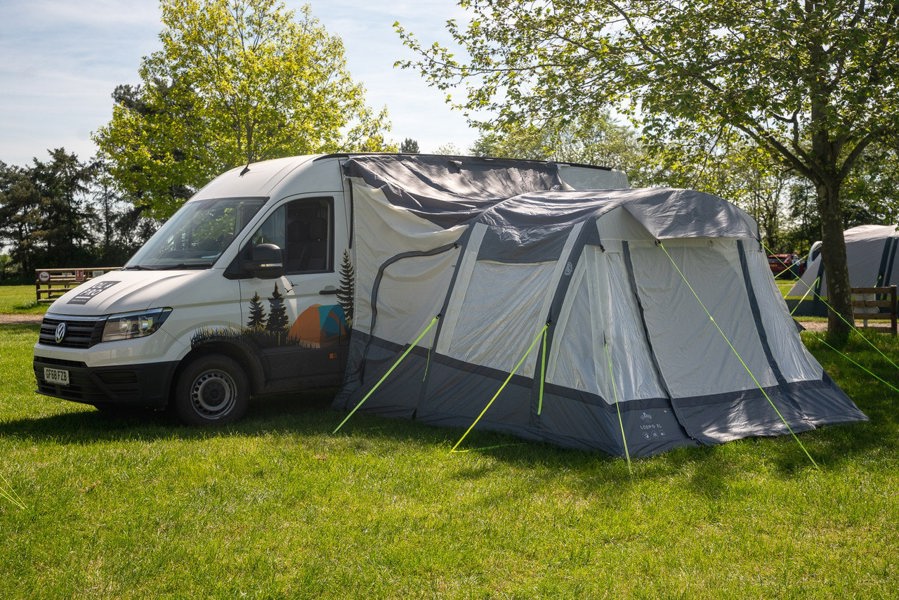 The Loopo Breeze® XL v2 Motorhome Awning on a Volkswagen Crafter Campervan with, the awning doors are all closed