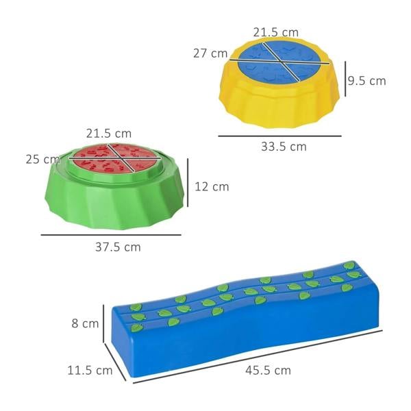 Eight-piece stepping stones with size diagrams: round platform and blue rectangular pad