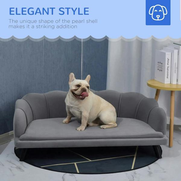 Grey dog sofa with rounded back and padded seat cushion