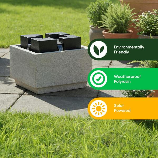 Gardenwize Solar Water Feature – Granite Oasis Fountain with LED Lights & Battery Backup