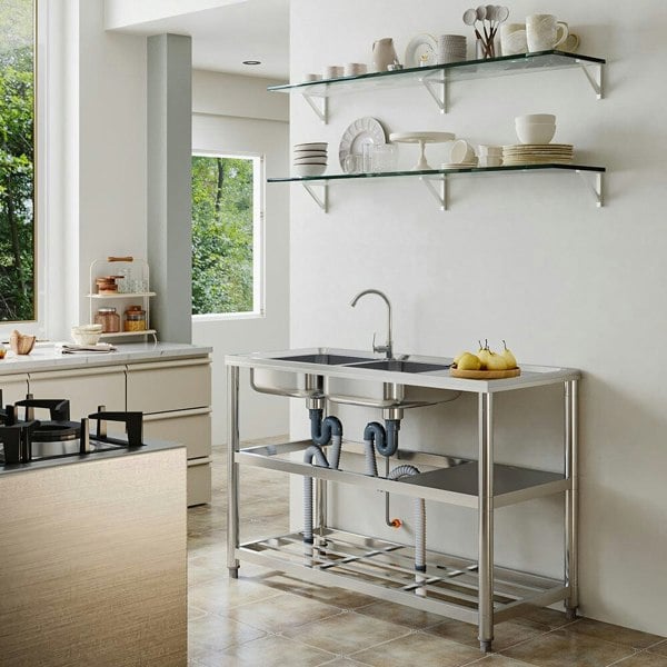 Steel Two Compartment Sinks with Shelves and Drainboard Living and Home
