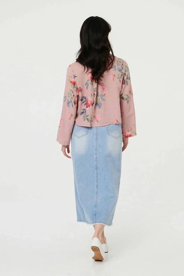 Pink | Floral 3/4 Turn-Up Sleeve Cropped Shirt