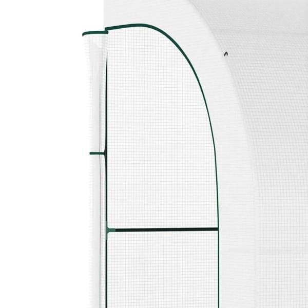 Arched greenhouse door panel with green-trim zipper seam on white PE cover