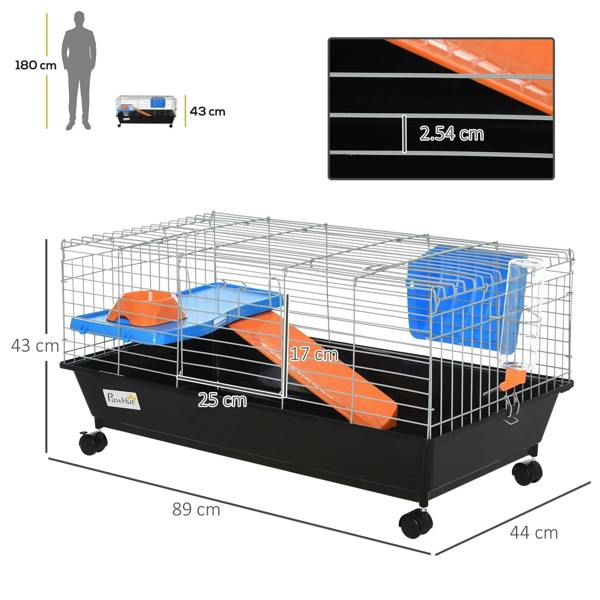 Black small animal cage with blue base and orange ramp, shown with size measurements