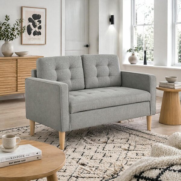 Wyld Haus Pamo Fabric Light Grey Compact 2 Seater Sofa With Hidden Storage Tufted Seat And Wooden Legs