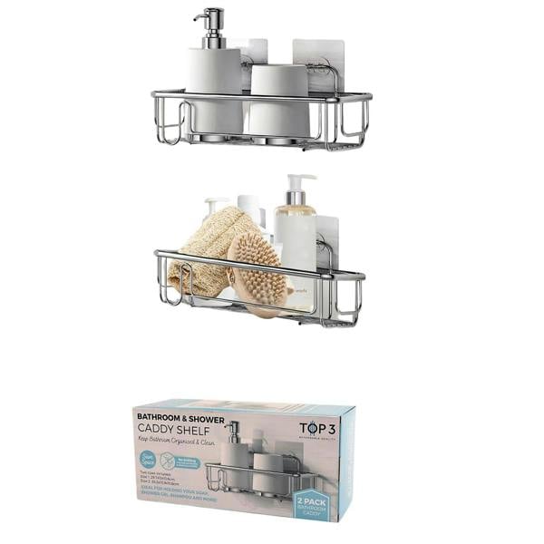 Top 3 Rectangular 2x Shower Caddy Bathroom Suction Shelf Storage No Drill Silver