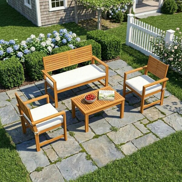 4 Seater Wooden Garden Furniture Set with Loveseat, Armchairs, Table, Acacia Wood Garden Sofa Set, Cream White