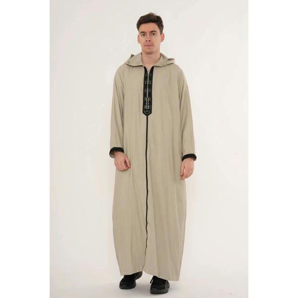 Men's Hooded Gandoura Embroidery Moroccan Thobe - Grey - Thobez - 17