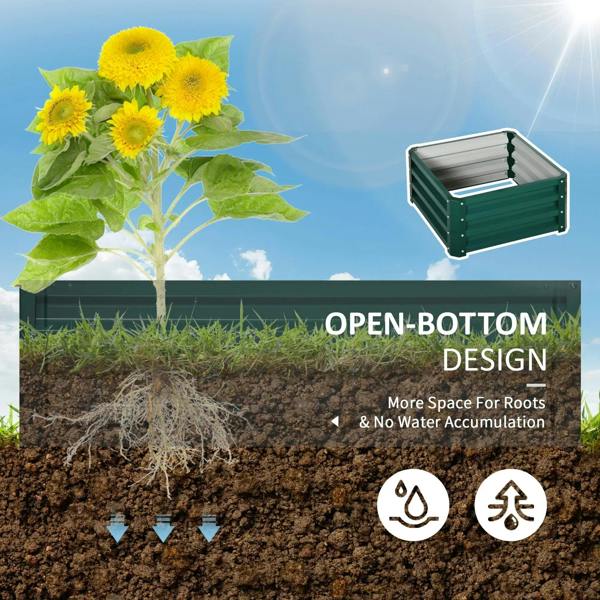 Green steel raised planter box with open-bottom design for root space