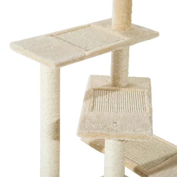 Beige cat tree with rectangular perches and woven sisal side scratch panel