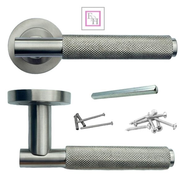 EDH Door Hardware Satin Nickel Knurled Door Handles on Round Rose – Modern Internal Lever Handle
