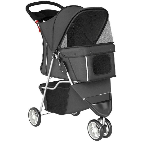 Dog Stroller, 3 Wheels Foldable Pet Stroller with Adjustable Canopy, Storage Basket for Small Mini Breeds, Dark Grey