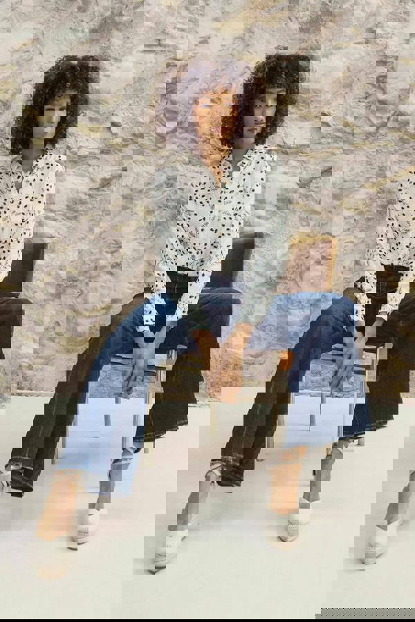 White | Embroidered Detail Long Sleeve Shirt: Model is 5'8"/172 cm and wears UK8/EU36/US4/AUS8