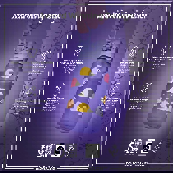 A purple water bottle, decorated with hedgehogs, is being held. Its features include a hide-away handle, a hygiene cover, and a wide mouth. Awards won in 2024 are noted.