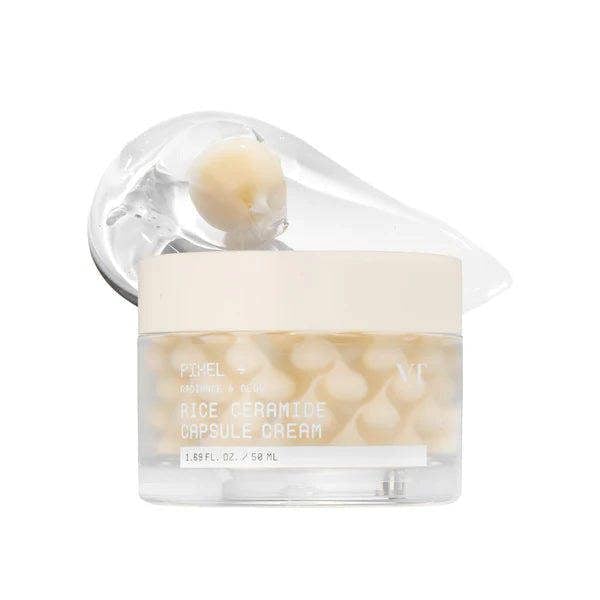 VT Cosmetics Rice Ceramide Capsule Cream – 50ml dual capsule-gel moisturizer formulated with 230,000 ppm Rice Complex, 5 Nano Ceramides, and PHA available at Atelier De Glow UK.