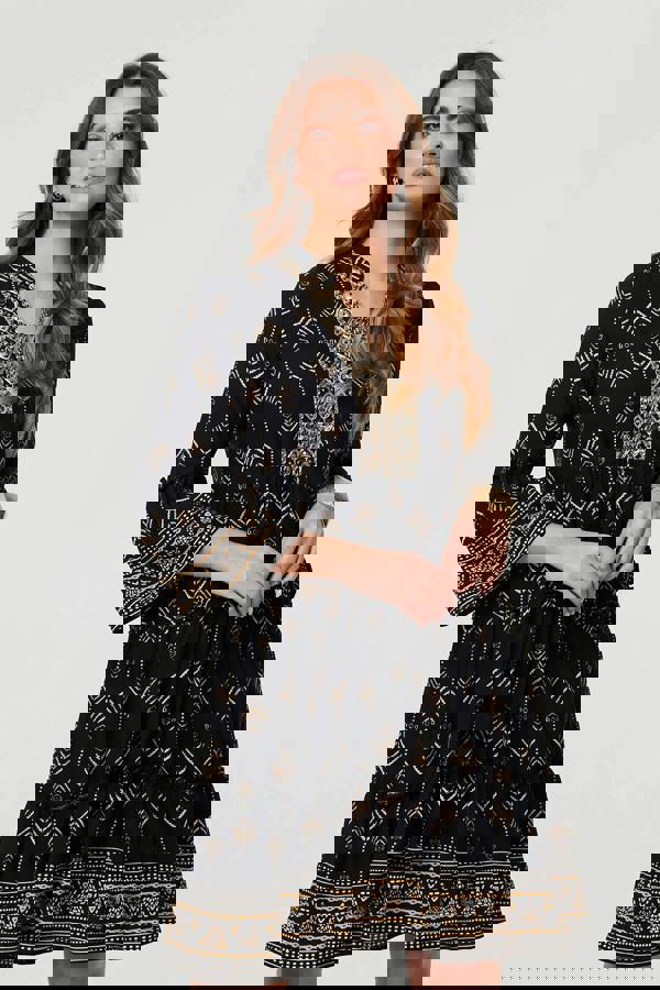 Black | Printed Metallic Trim Knee Length Dress