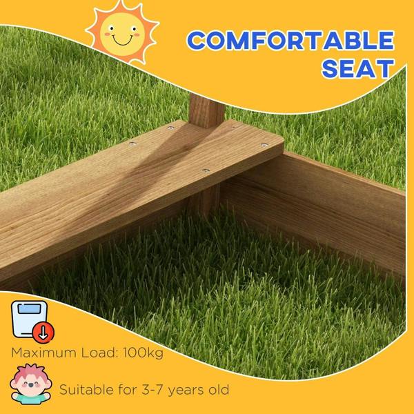 Wooden sandbox corner bench seat with wide slatted support beams