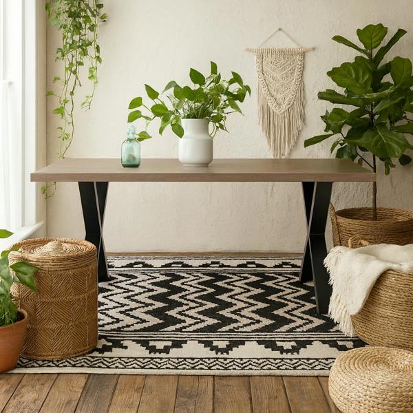 Wyld Haus Pefkos Natural Oak and Black Metal Dining Table