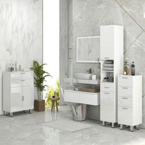 Bobobiy 71" Tall Slim Bathroom Storage Cabinet, Tall Narrow Cupboard with Drawer, 2 Doors Cabinets and Adjustable Shelves, High Gloss White