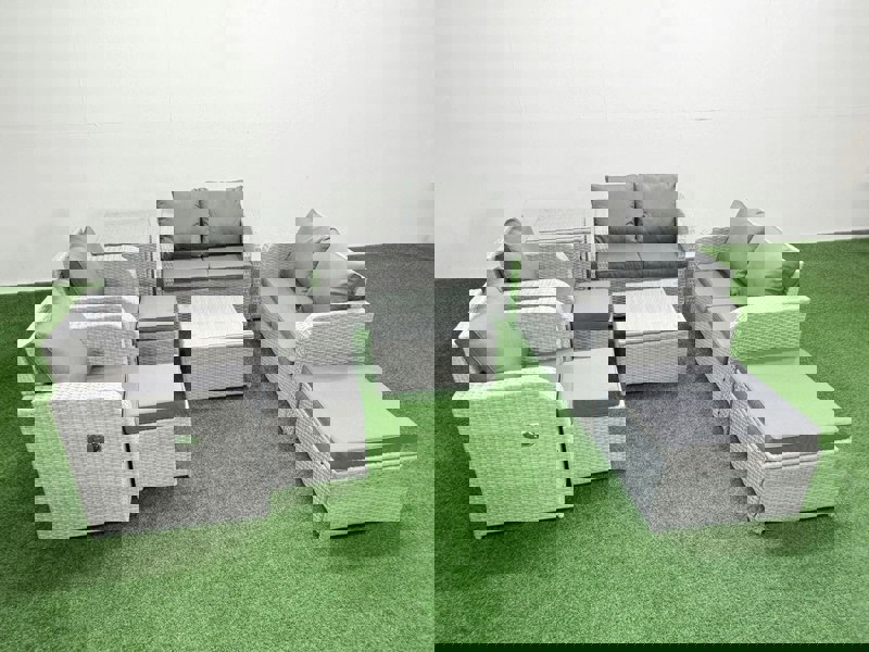 Fimous 9 Seater Outdoor Reclining Chair Love Sofa Set Rattan Garden Furniture Set with Square Coffee Table 3 Stools Side Table Light Grey