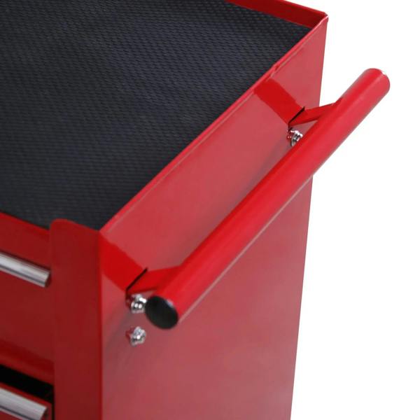 Red tool cabinet drawer handle detail with textured top surface