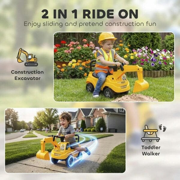 Bobobiy Ride On Tractor Digger, Toddler Excavator Toy Car with Adjustable Bucket, Horn, Under Seat Storage for Ages 1-3 Y Yellow
