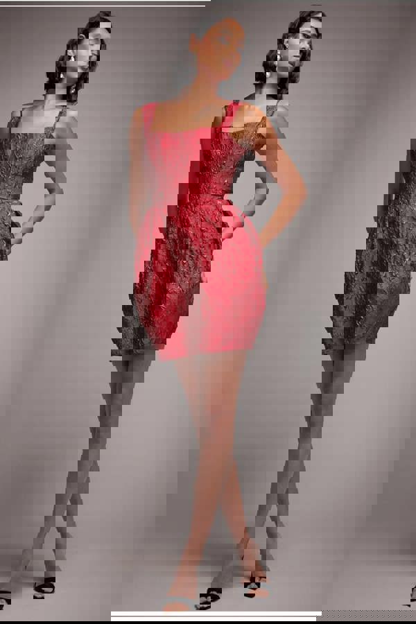 Corset Balloon Skirt Lace Up Back Mini Dress - Red DR4778