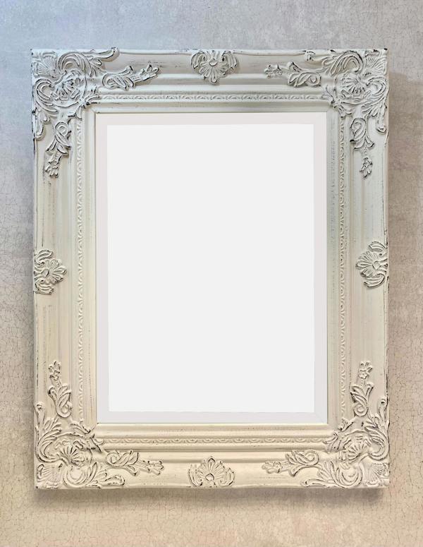 Downton Interiors Antique White Wood Frame Wall Mirror with Bevelled Glass 53cm x 43cm