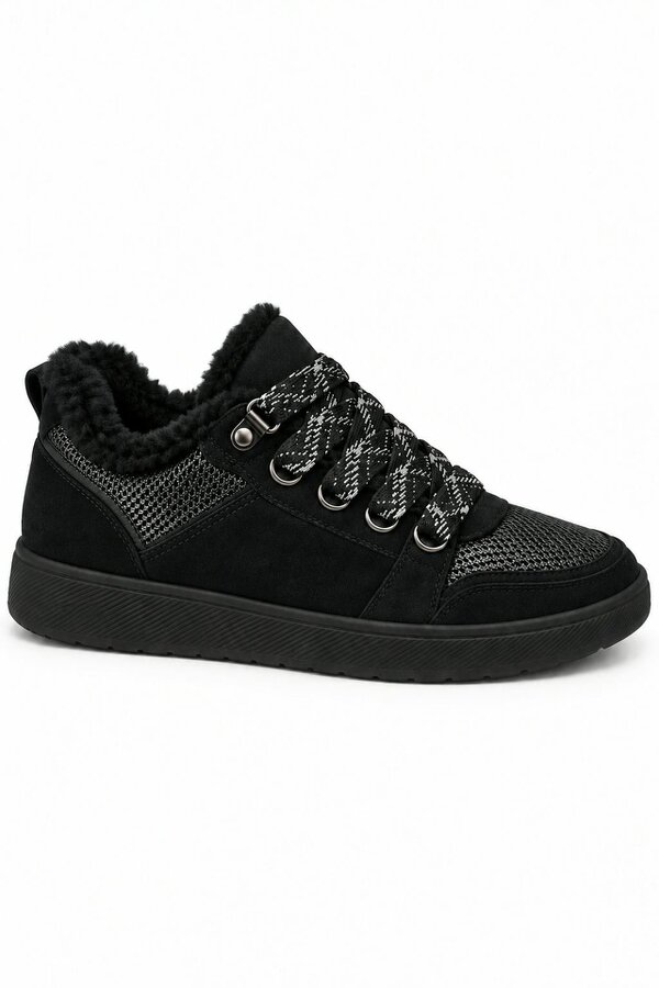 Love Lemonade Hudson Comfort Faux Suede Check Lace Faux Fur Lined Trainers Black