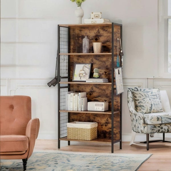 Rafaelo Mobilia Industrial 4 Tier Bookcase Storage Cabinet Rustic Brown