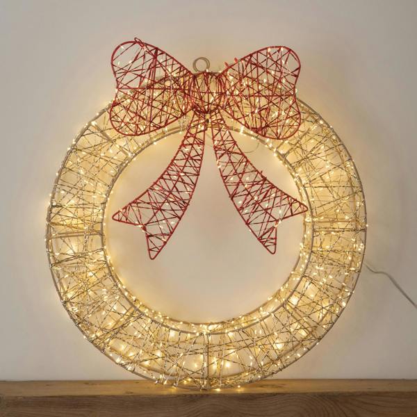 Samuel Alexander 50cm Gold Light Up Christmas Wreath with 600 Warm White LEDs, Timer & Red Bow