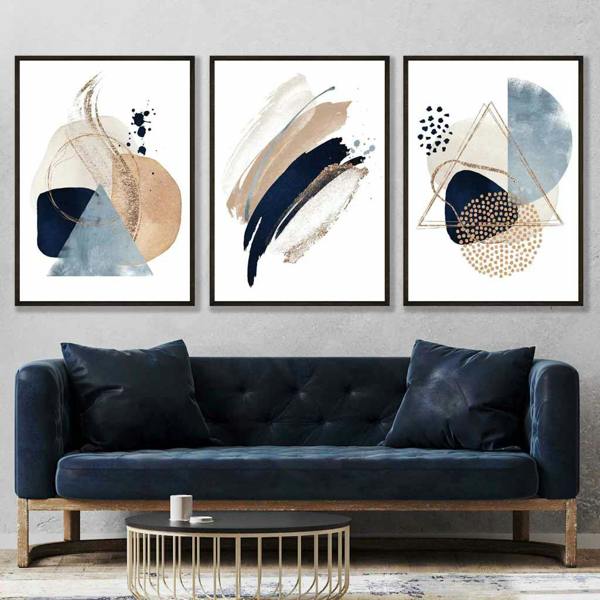 Set of 3 Abstract Beige Blue and Gold Wall Art Prints