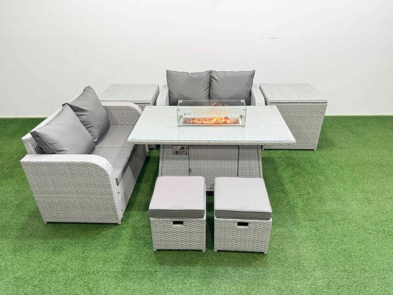 Fimous 6 Seater Outdoor Love Sofa Set Rattan Garden Furniture Set with Fire Pit Dining Table 2 Small Stools 2 Side Tables Light Grey