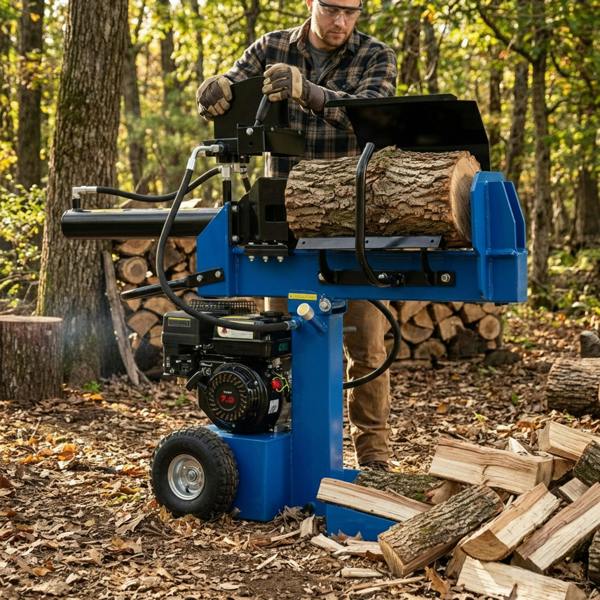 15T Log Splitter in blue, with a user splitting a log in a forest setting, surrounded by stacked firewood and autumn leaves