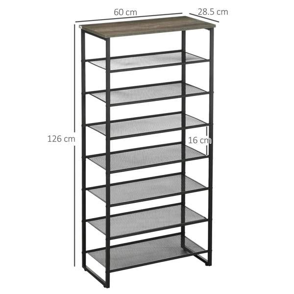 Black 8-tier shoe rack with mesh shelves, size 60 x 28.5 x 126 cm