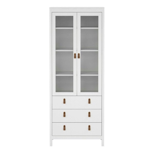Wyld Haus Wildberry Matt White Wooden China Cabinet 2 Glass Doors 3 Drawers Leather Handles