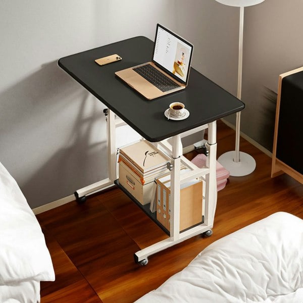 Living and Home 2-tier Height Adjustable Mobile Table Overbed Desk with Shelves Wheels