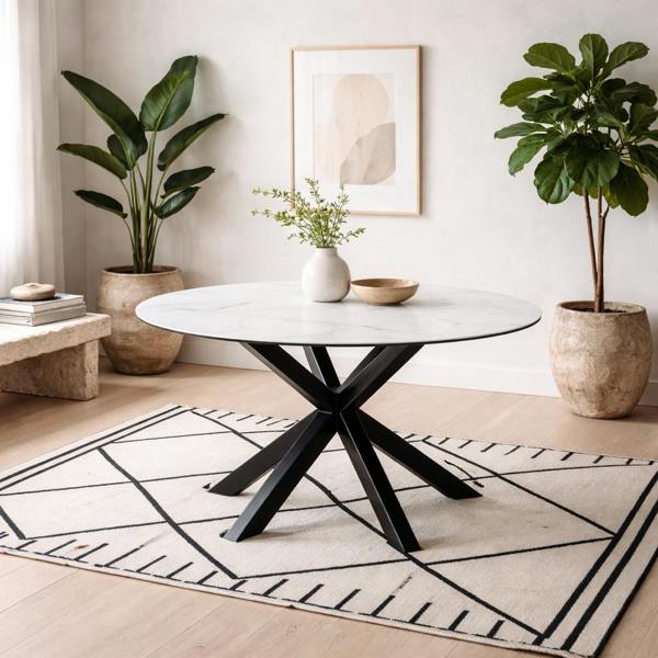 Wyld Haus Perth 119cm White Ceramic Round Dining Table Industrial Black Metal Legs