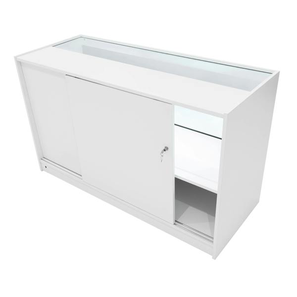Sleek white LED retail shop counter C1500 with sliding doors, glass display top, and modern design, ideal for showcasing products