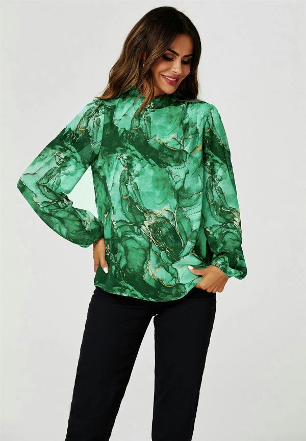 FS Collection Marble Print Long Sleeve High Neck Top In Light Green