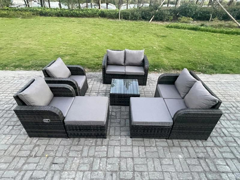 Fimous 8 Seater High Back Rattan Set, Square Coffee Table, 2 Big Footstools, Love Sofa, Reclining Chair, Indoor Outdoor Patio Lounge, Dark Grey Mixed