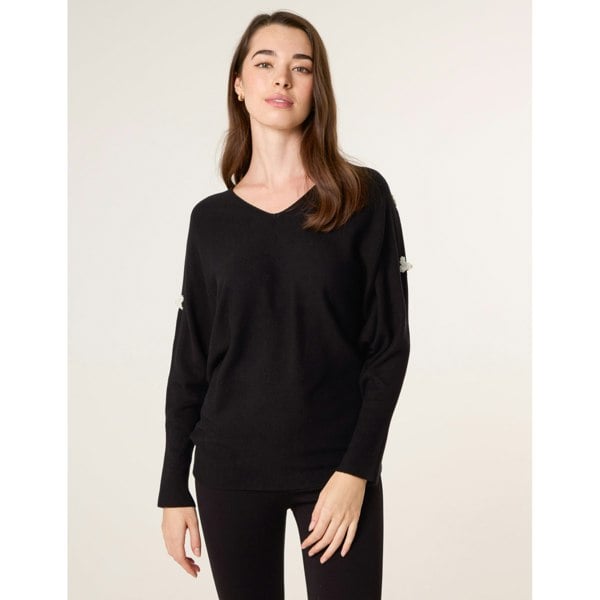 Blue Vanilla V-Neck Batwing Shoulder Pearl Detailing Jumper