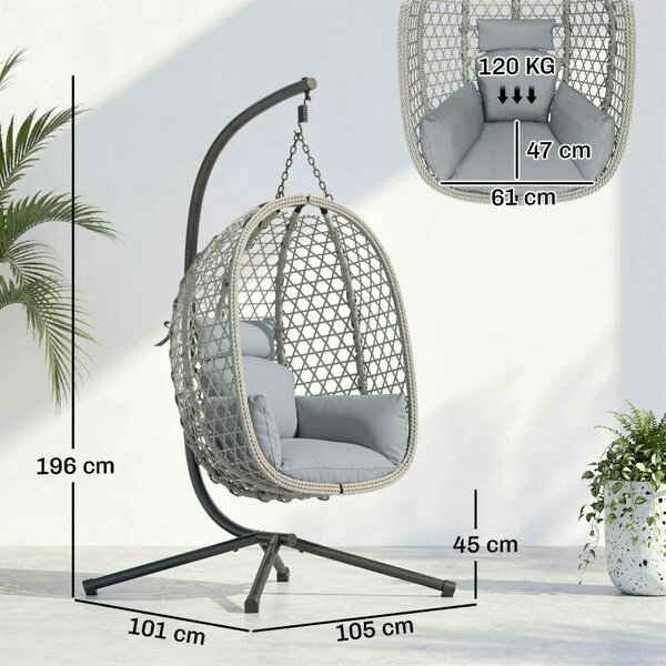 Hanging Egg Chair, Indoor Outdoor Rattan Hammock Swing Chair with Stand, Safety Strap, Foldable Basket, Light Grey