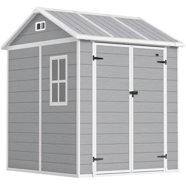 Grey wood-effect resin tool shed with window, vents, and double lockable doors
