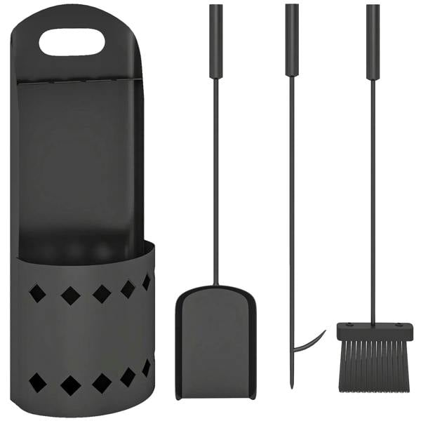 Black metal fireplace tool set with stand, shovel and poker, broom and bucket included