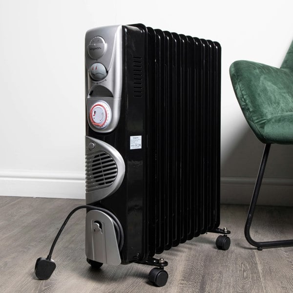 Samuel Alexander 2.5kw 11 Fin Black Electric Oil Filled Radiator / Heater Turbo & 24 Hour Timer