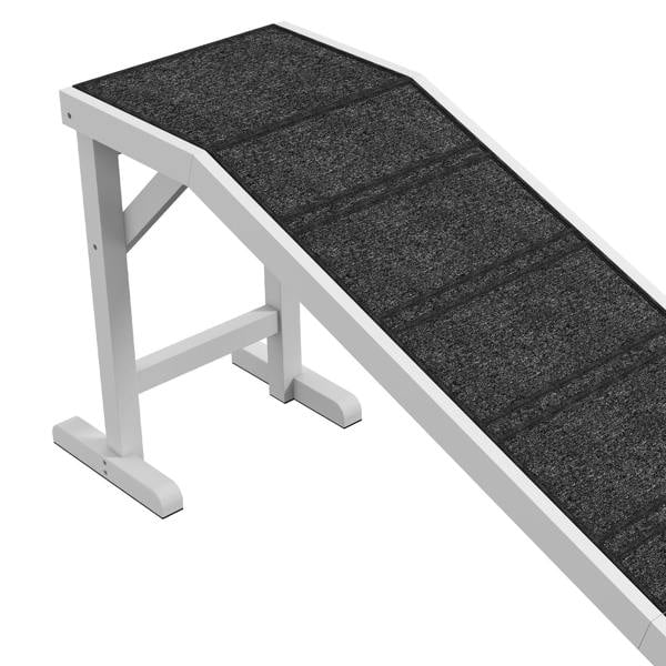 Pet ramp with dark non-slip carpet surface and white top platform supports
